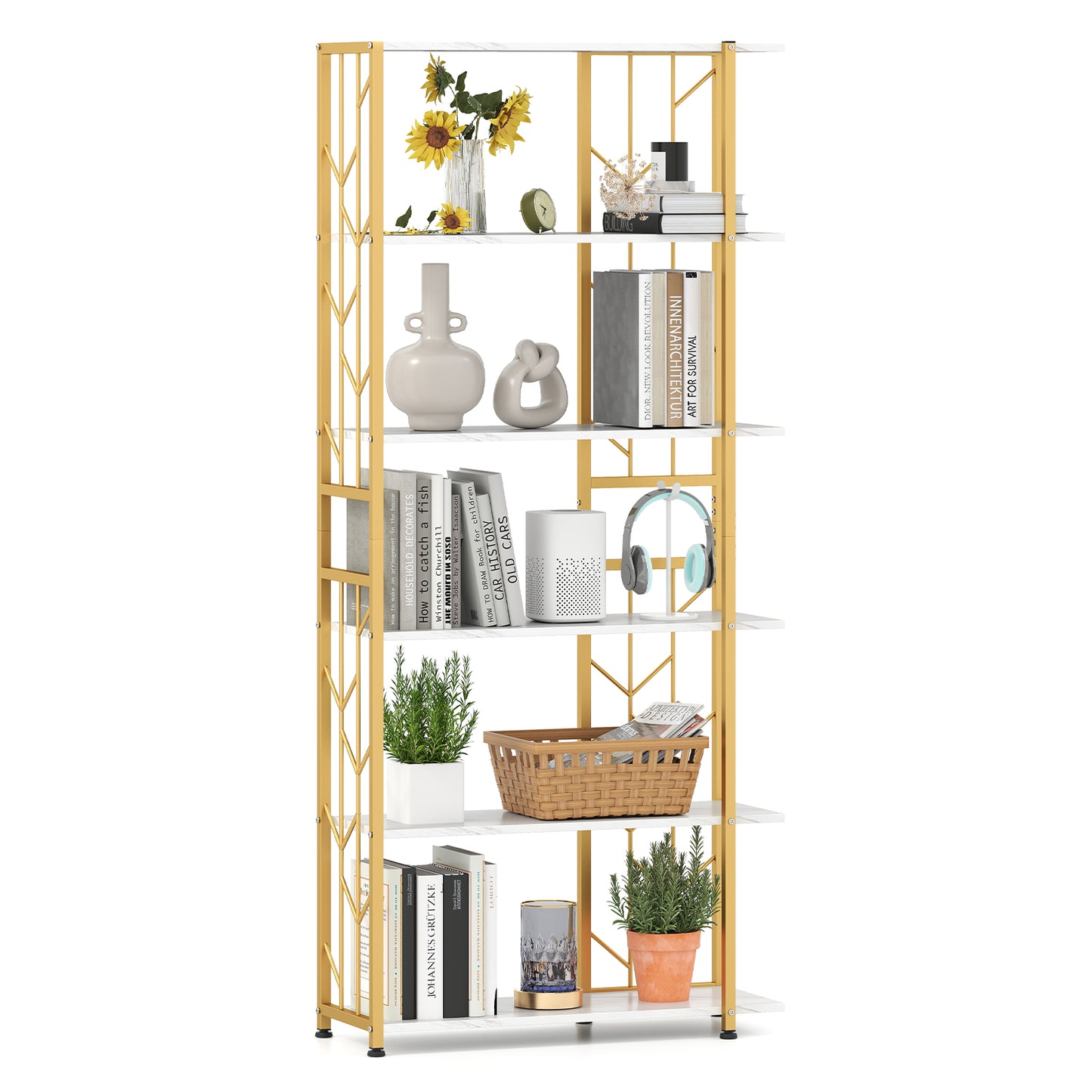 6-Tier Bookshelf with Heavy-duty Metal Frame and 2 Anti-tipping Kits-White
