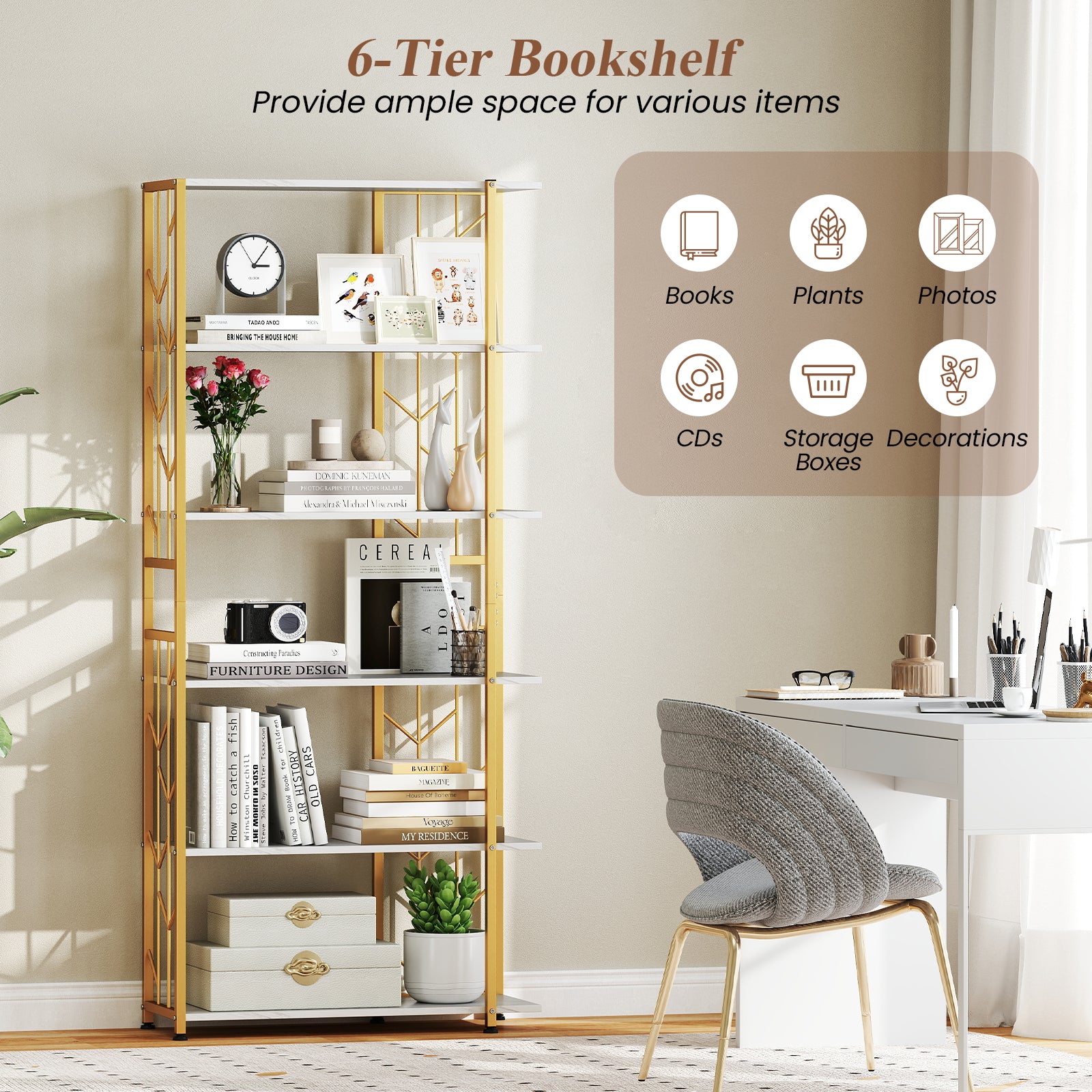 6-Tier Bookshelf with Heavy-duty Metal Frame and 2 Anti-tipping Kits-White