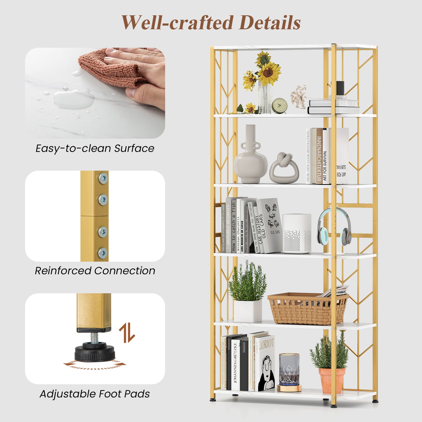 6-Tier Bookshelf with Heavy-duty Metal Frame and 2 Anti-tipping Kits-White