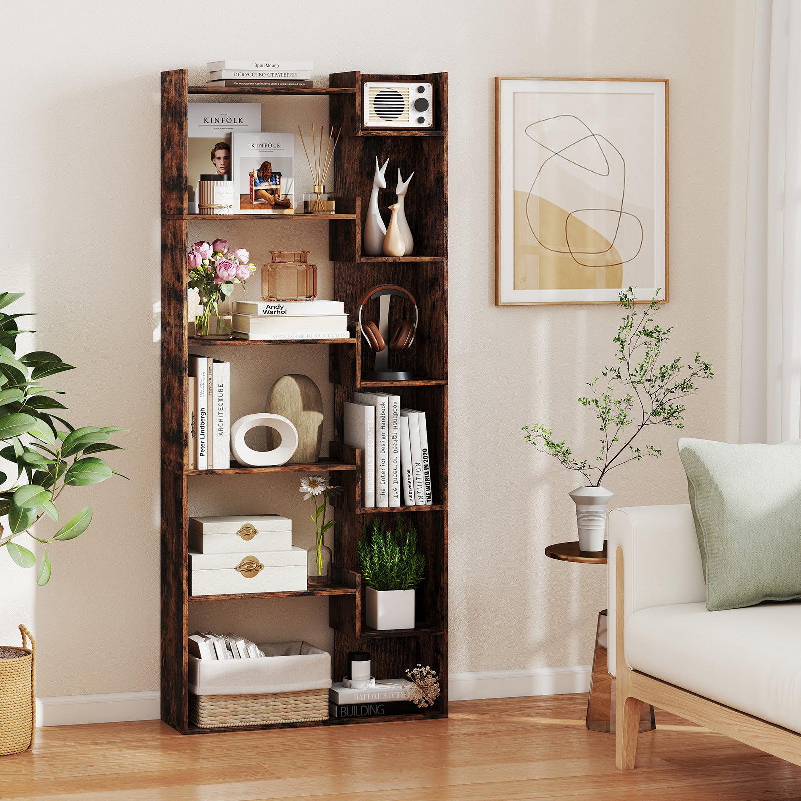 6-Tier Wooden Bookcase with 2 Anti-Tipping Kits Open Display Shelf Decorative Storage Shelving Unit-Rustic Brown