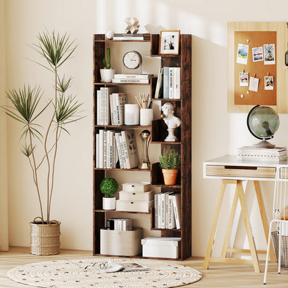 6-Tier Wooden Bookcase with 2 Anti-Tipping Kits Open Display Shelf Decorative Storage Shelving Unit-Rustic Brown