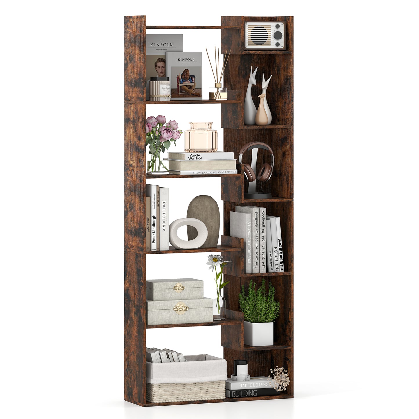 6-Tier Wooden Bookcase with 2 Anti-Tipping Kits Open Display Shelf Decorative Storage Shelving Unit-Rustic Brown
