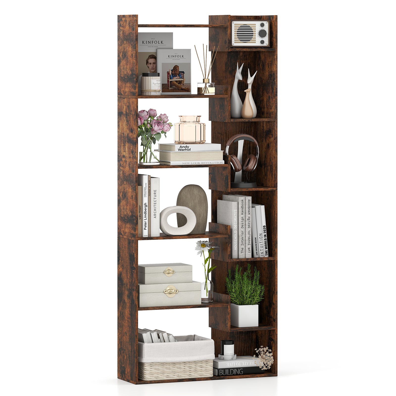 6-Tier Wooden Bookcase with 2 Anti-Tipping Kits Open Display Shelf Decorative Storage Shelving Unit-Rustic Brown