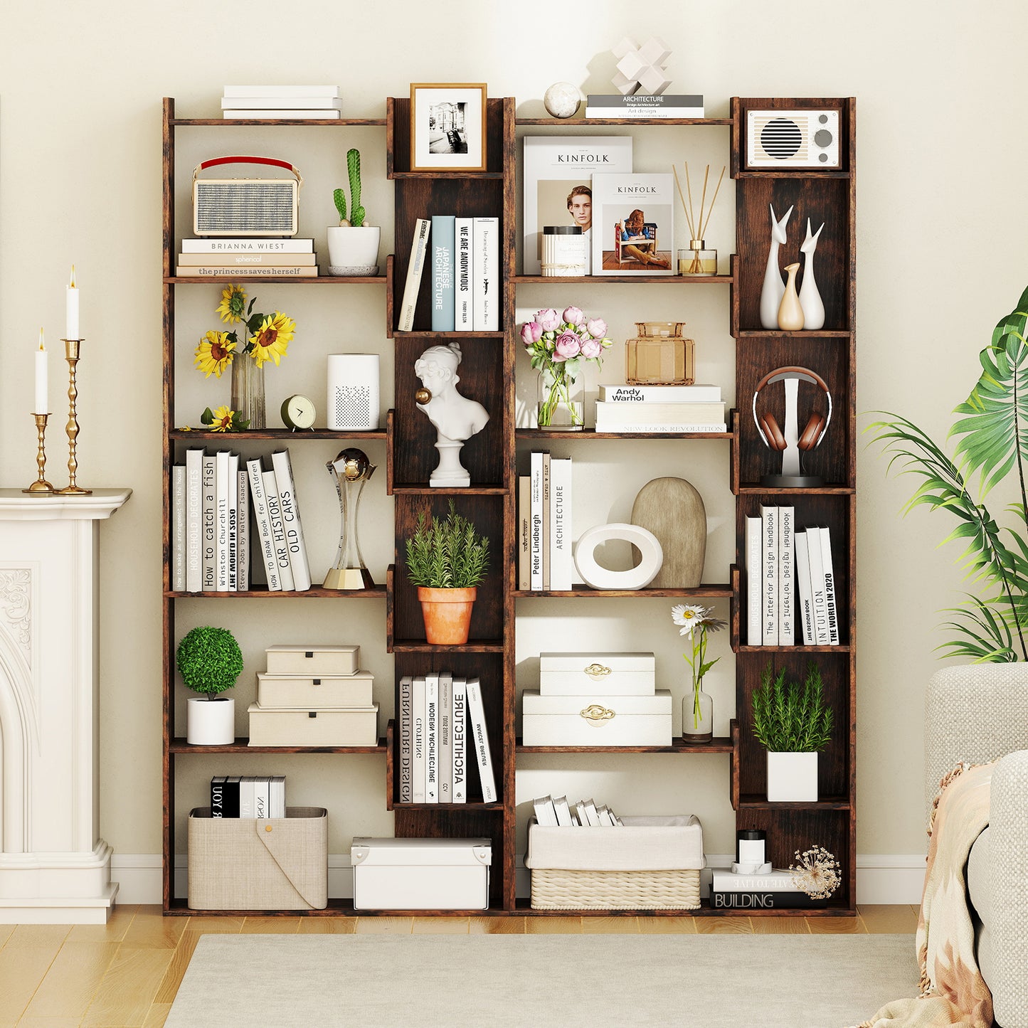 6-Tier Wooden Bookcase with 2 Anti-Tipping Kits Open Display Shelf Decorative Storage Shelving Unit-Rustic Brown