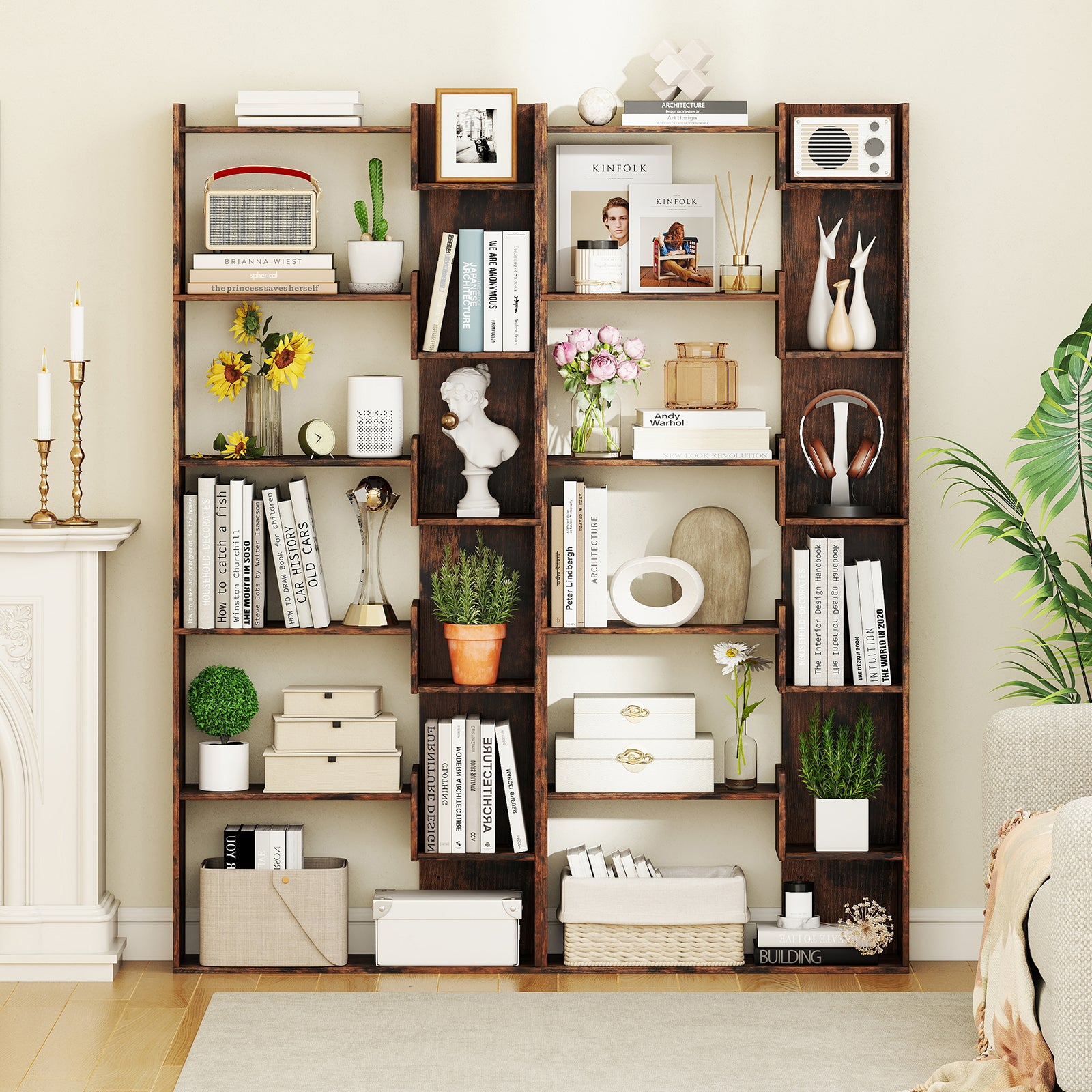 6-Tier Wooden Bookcase with 2 Anti-Tipping Kits Open Display Shelf Decorative Storage Shelving Unit-Rustic Brown