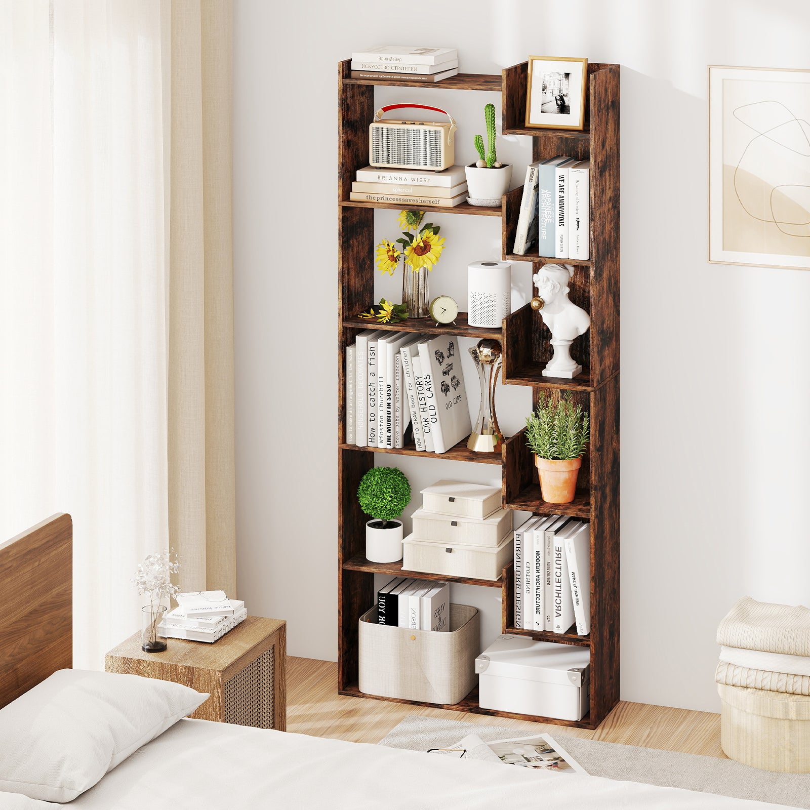 6-Tier Wooden Bookcase with 2 Anti-Tipping Kits Open Display Shelf Decorative Storage Shelving Unit-Rustic Brown