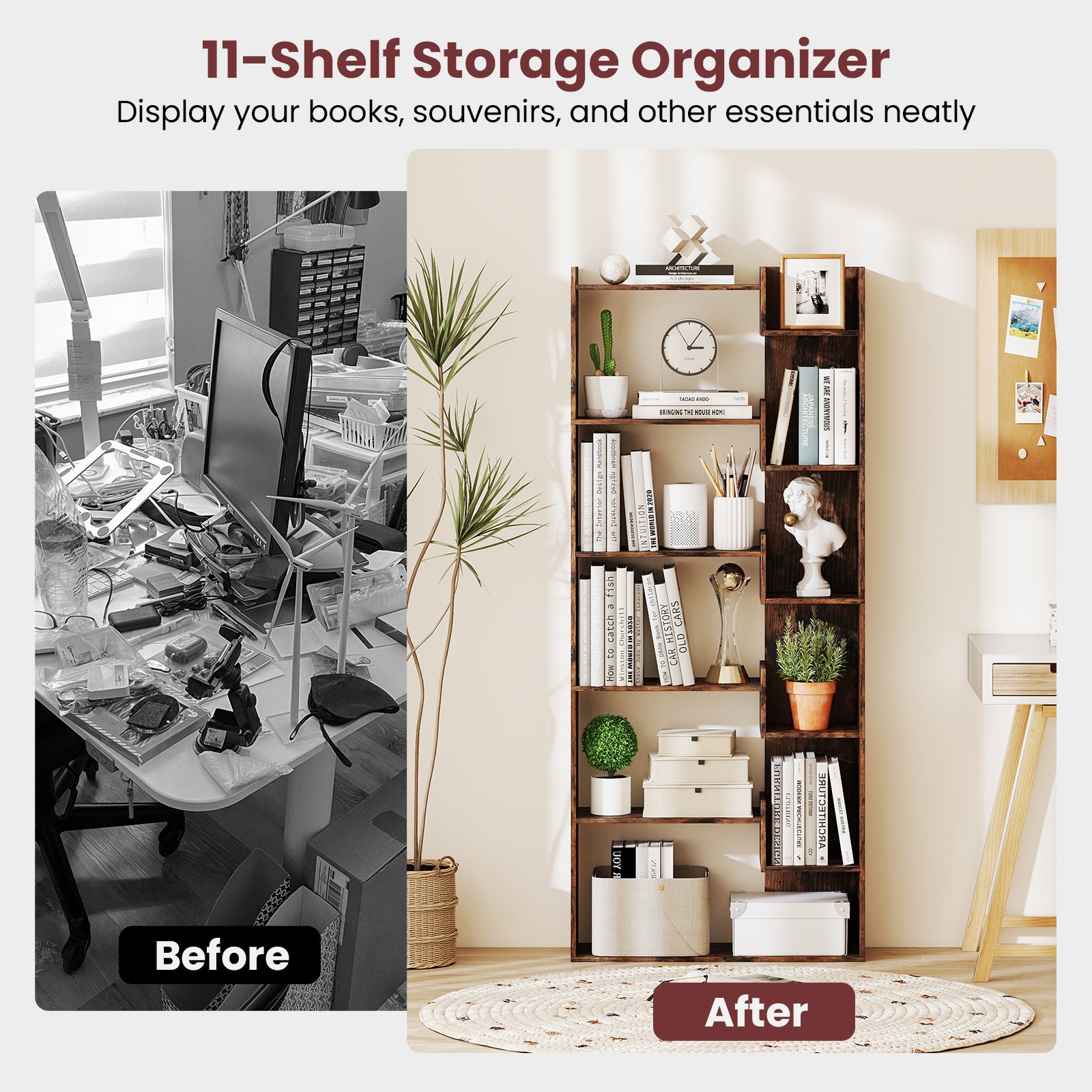 6-Tier Wooden Bookcase with 2 Anti-Tipping Kits Open Display Shelf Decorative Storage Shelving Unit-Rustic Brown