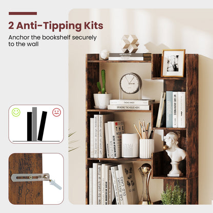 6-Tier Wooden Bookcase with 2 Anti-Tipping Kits Open Display Shelf Decorative Storage Shelving Unit-Rustic Brown