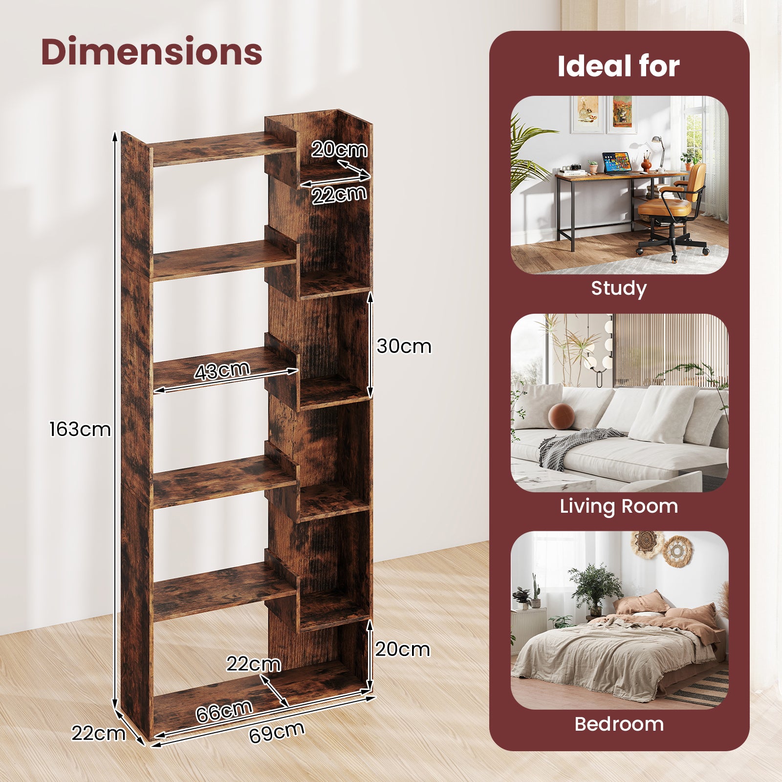 6-Tier Wooden Bookcase with 2 Anti-Tipping Kits Open Display Shelf Decorative Storage Shelving Unit-Rustic Brown