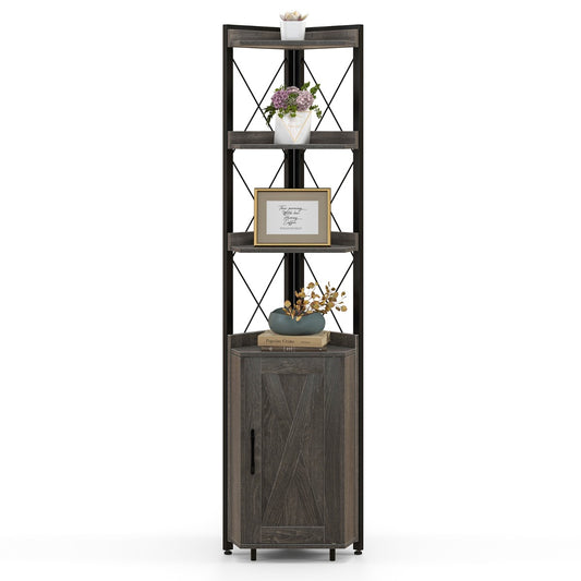 6-Tier Corner Bookcase with 5-Level Adjustable Shelf and Anti-Tipping Kits-Grey