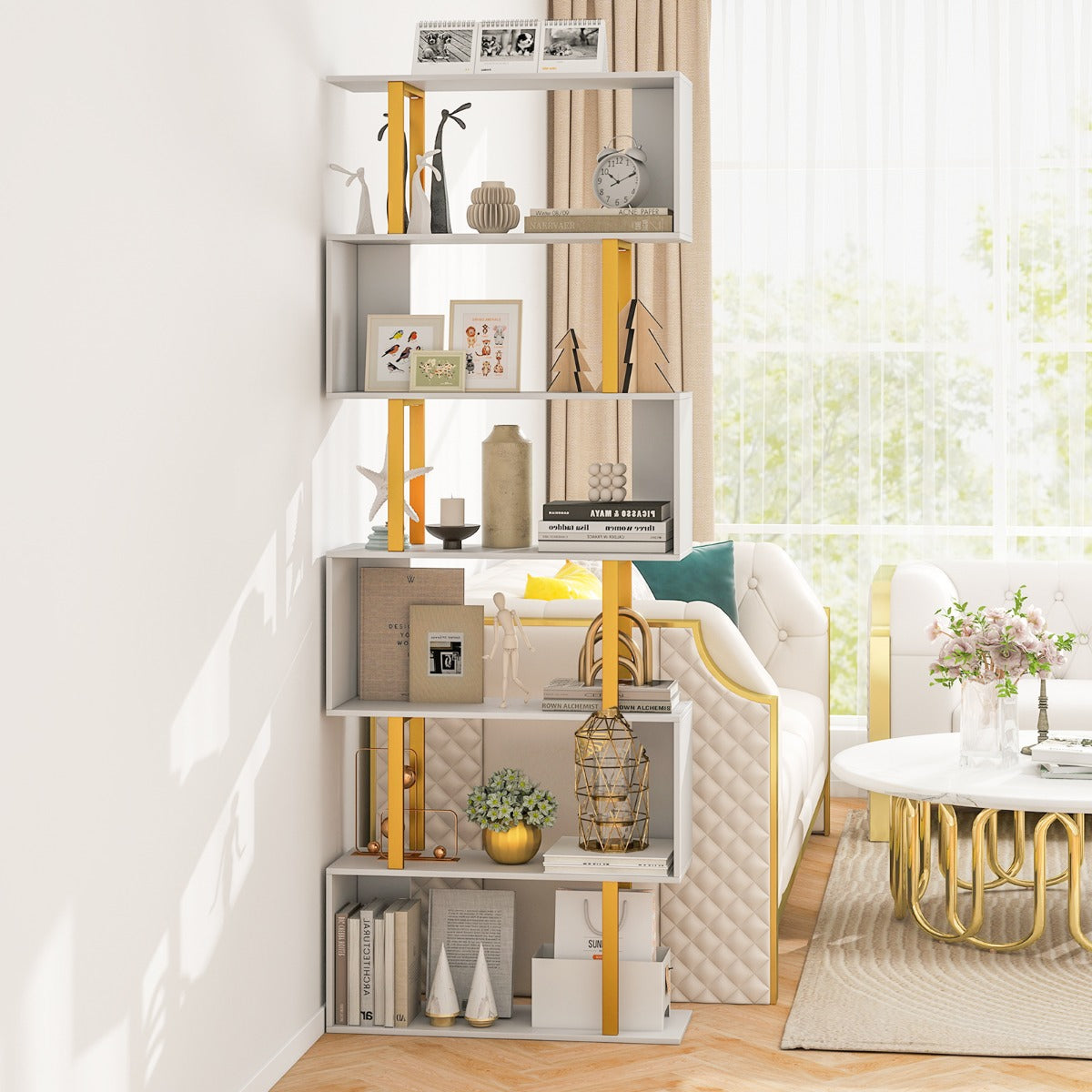 6-Tier Geometric Bookcase with Metal Frame and Anti-tipping Kits-White