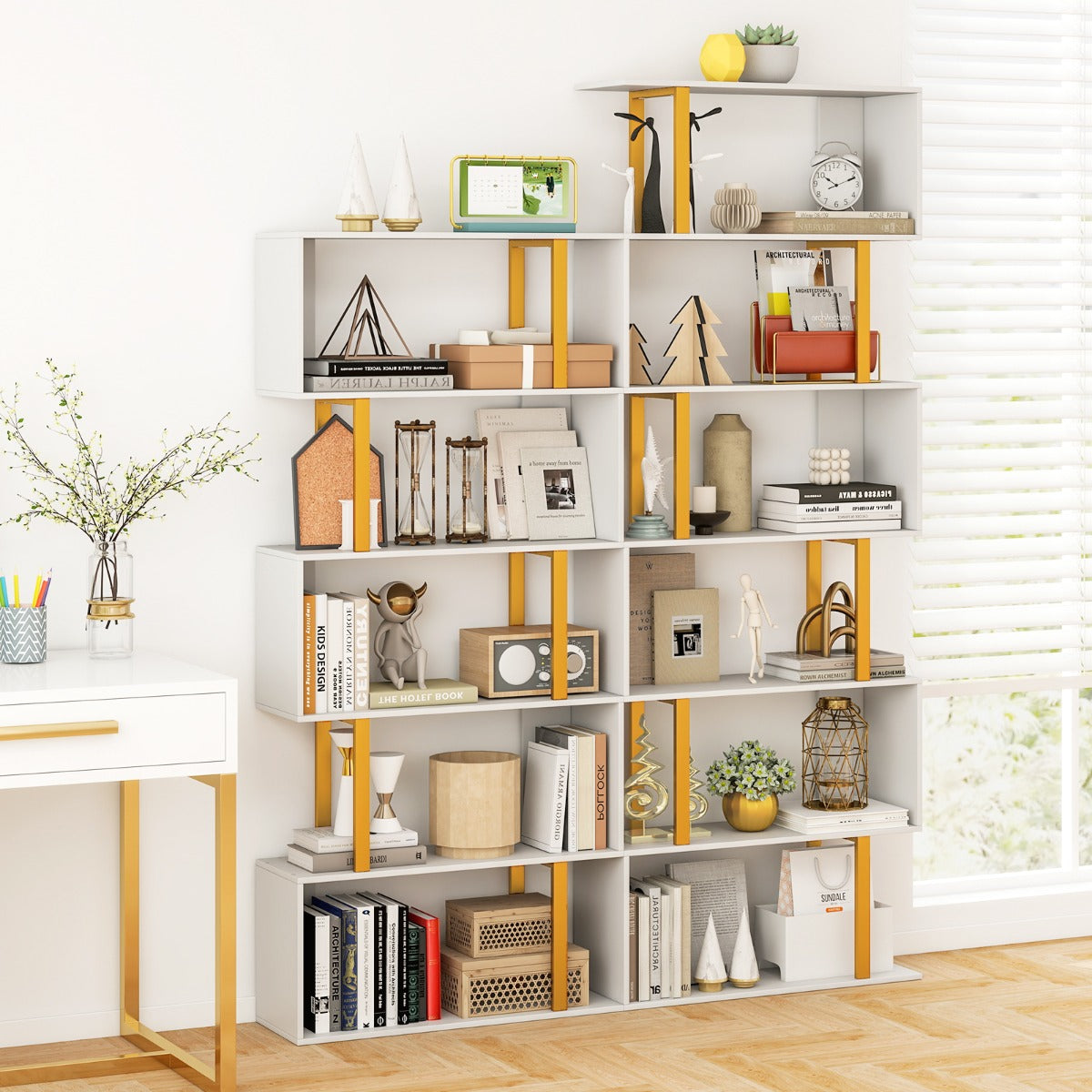 6-Tier Geometric Bookcase with Metal Frame and Anti-tipping Kits-White