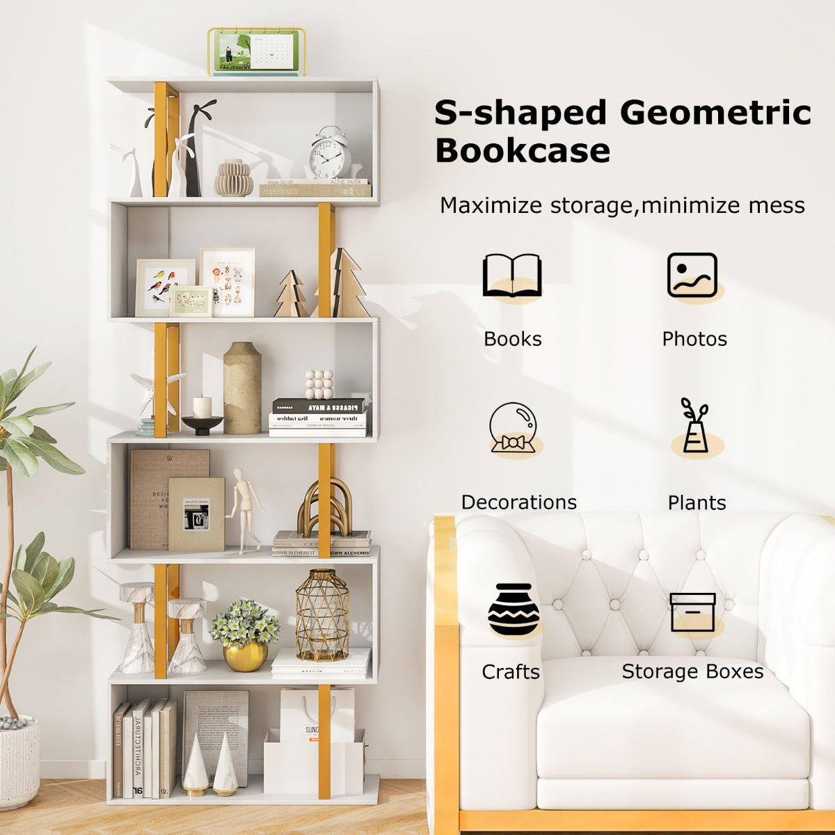 6-Tier Geometric Bookcase with Metal Frame and Anti-tipping Kits-White