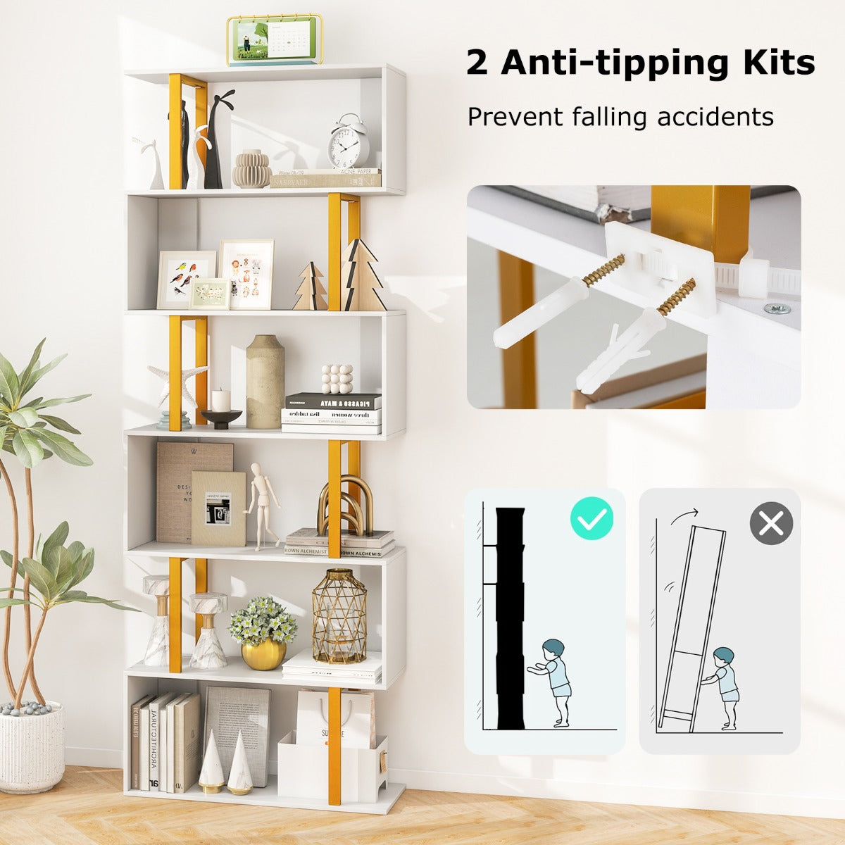 6-Tier Geometric Bookcase with Metal Frame and Anti-tipping Kits-White