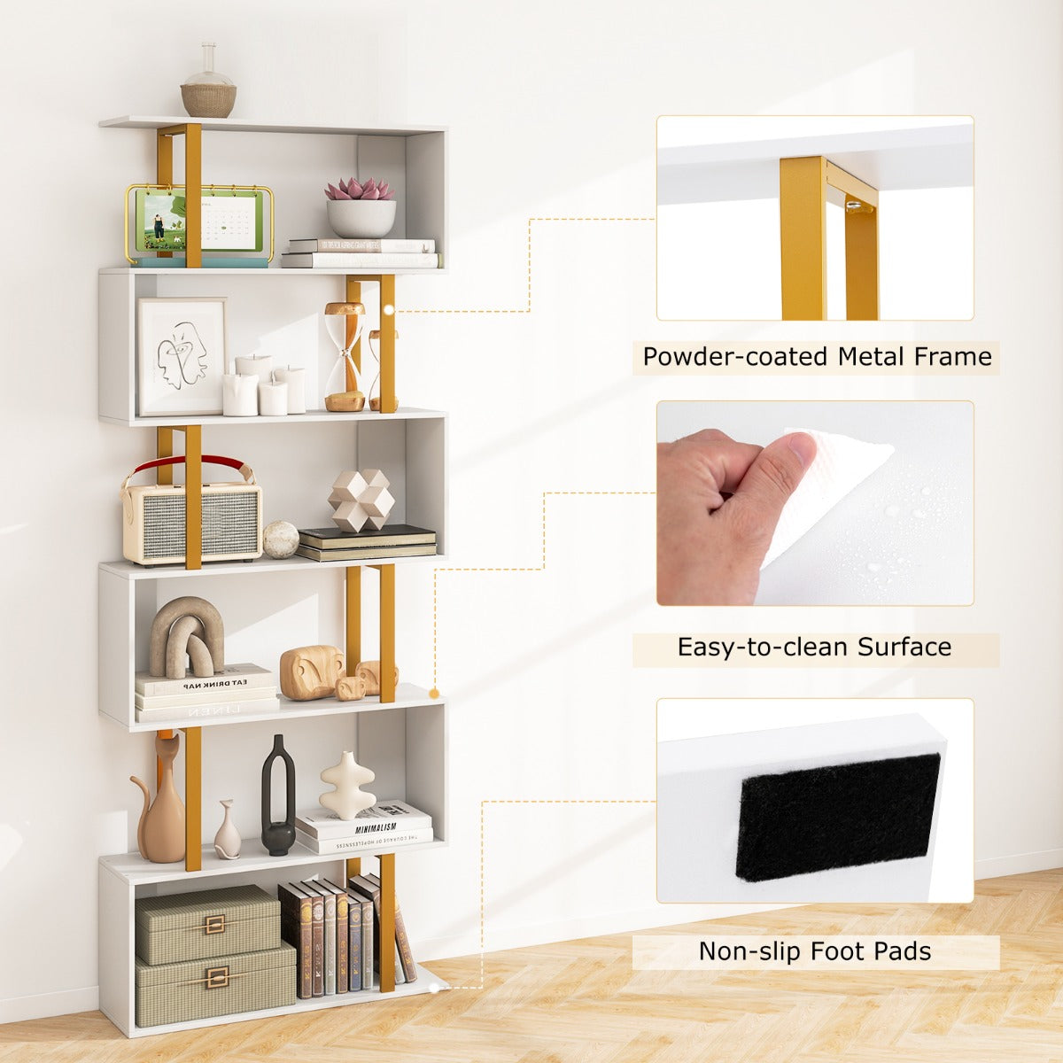 6-Tier Geometric Bookcase with Metal Frame and Anti-tipping Kits-White