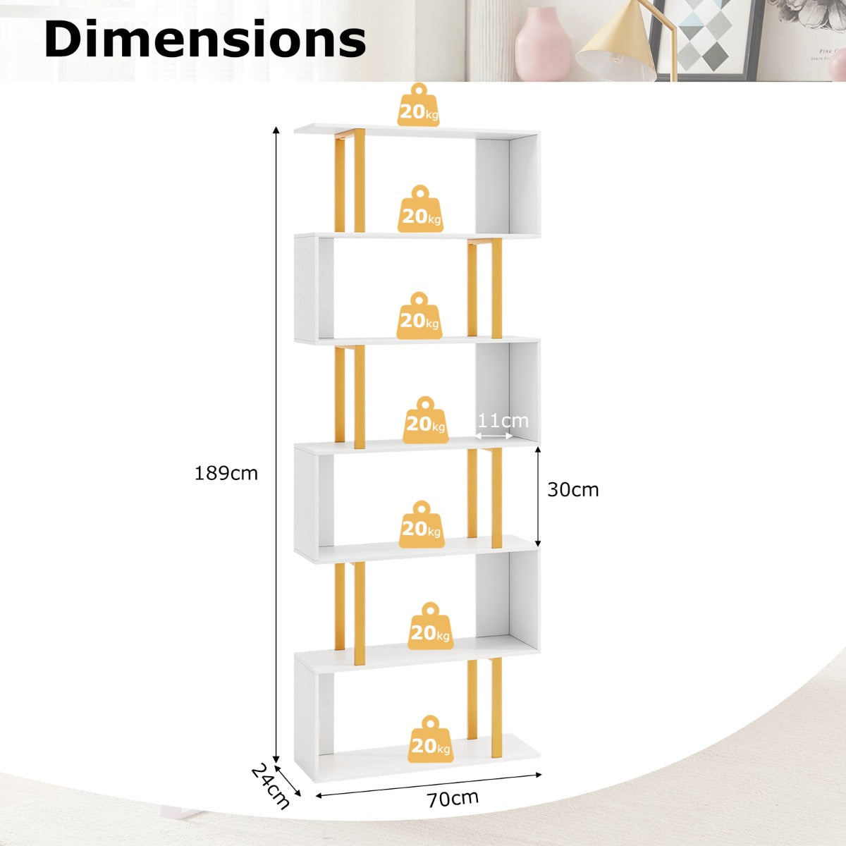 6-Tier Geometric Bookcase with Metal Frame and Anti-tipping Kits-White