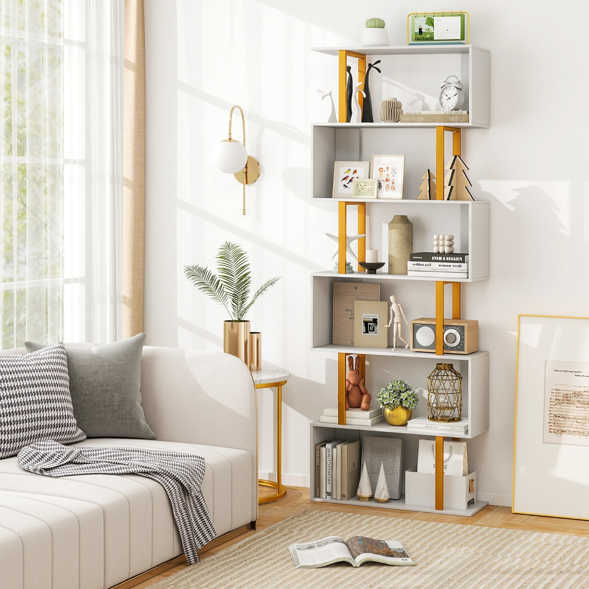 6-Tier Geometric Bookcase with Metal Frame and Anti-tipping Kits-White