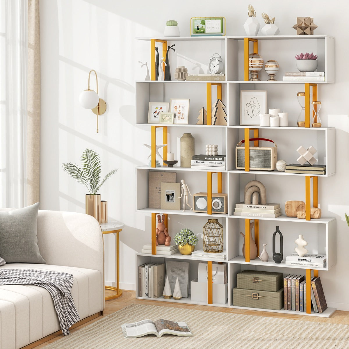 6-Tier Geometric Bookcase with Metal Frame and Anti-tipping Kits-White