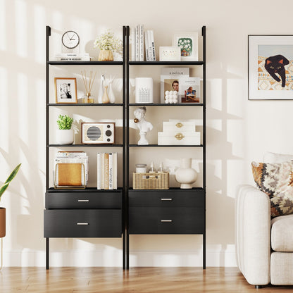 6-Tier Ladder Bookcase with 2 Drawers and Metal Frame-Black