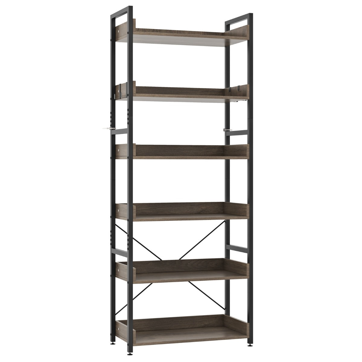 6-Tier Storage Rack with 4 Hooks and Open Display Shelves-Grey