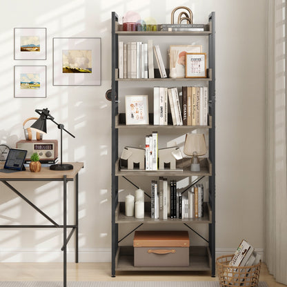 6-Tier Storage Rack with 4 Hooks and Open Display Shelves-Grey