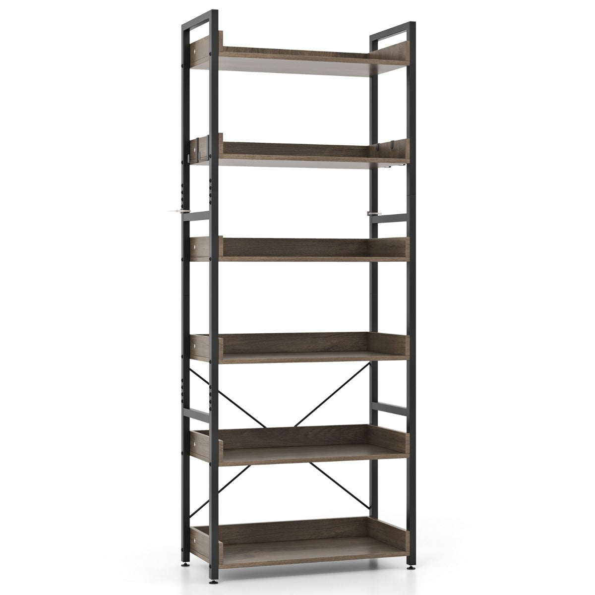 6-Tier Storage Rack with 4 Hooks and Open Display Shelves-Grey