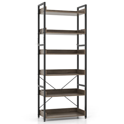 6-Tier Storage Rack with 4 Hooks and Open Display Shelves-Grey