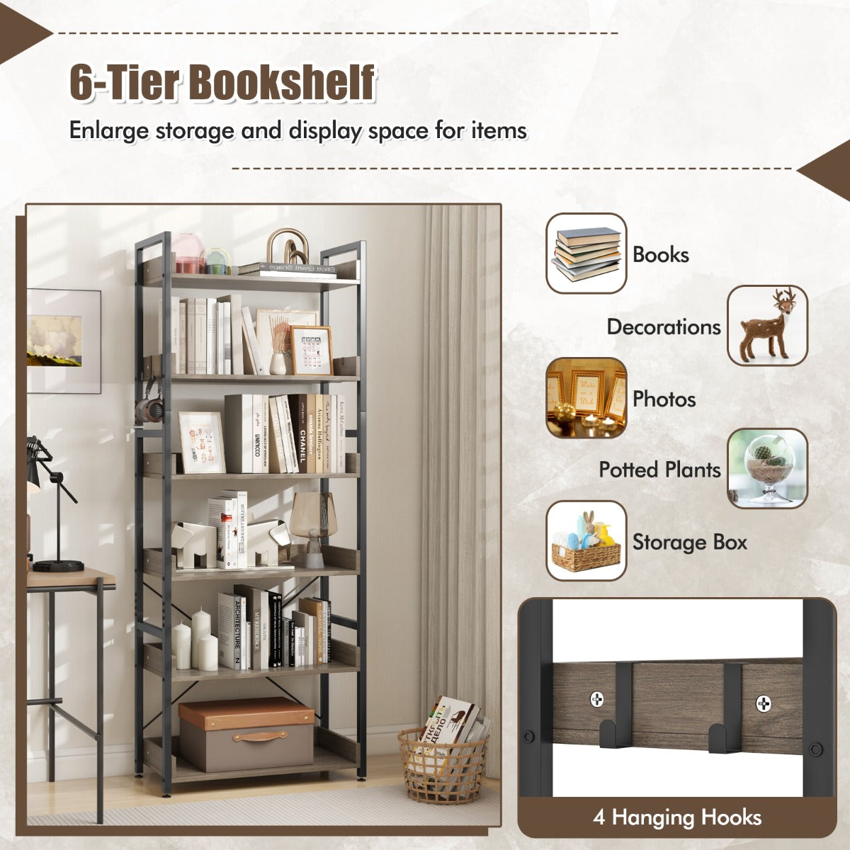 6-Tier Storage Rack with 4 Hooks and Open Display Shelves-Grey