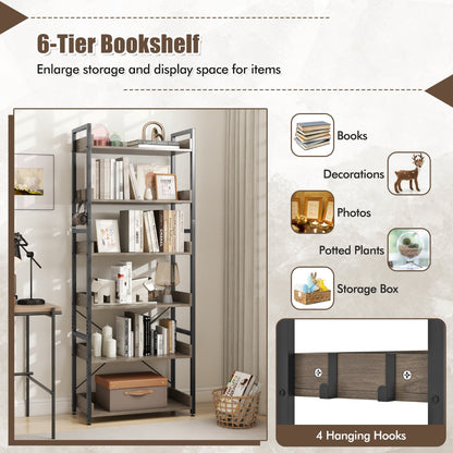 6-Tier Storage Rack with 4 Hooks and Open Display Shelves-Grey