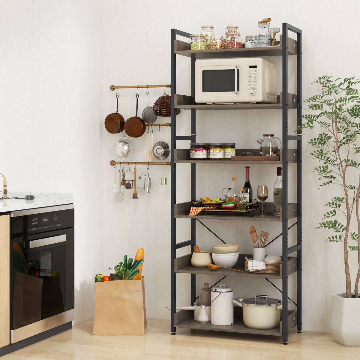 6-Tier Storage Rack with 4 Hooks and Open Display Shelves-Grey