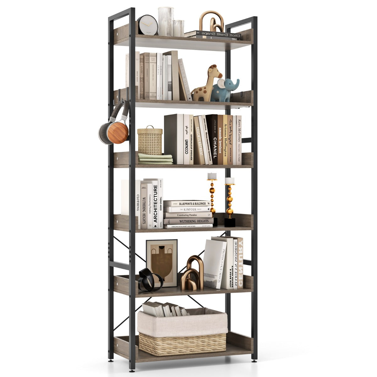 6-Tier Storage Rack with 4 Hooks and Open Display Shelves-Grey