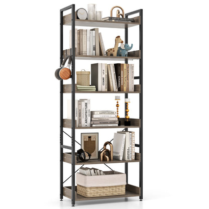 6-Tier Storage Rack with 4 Hooks and Open Display Shelves-Grey