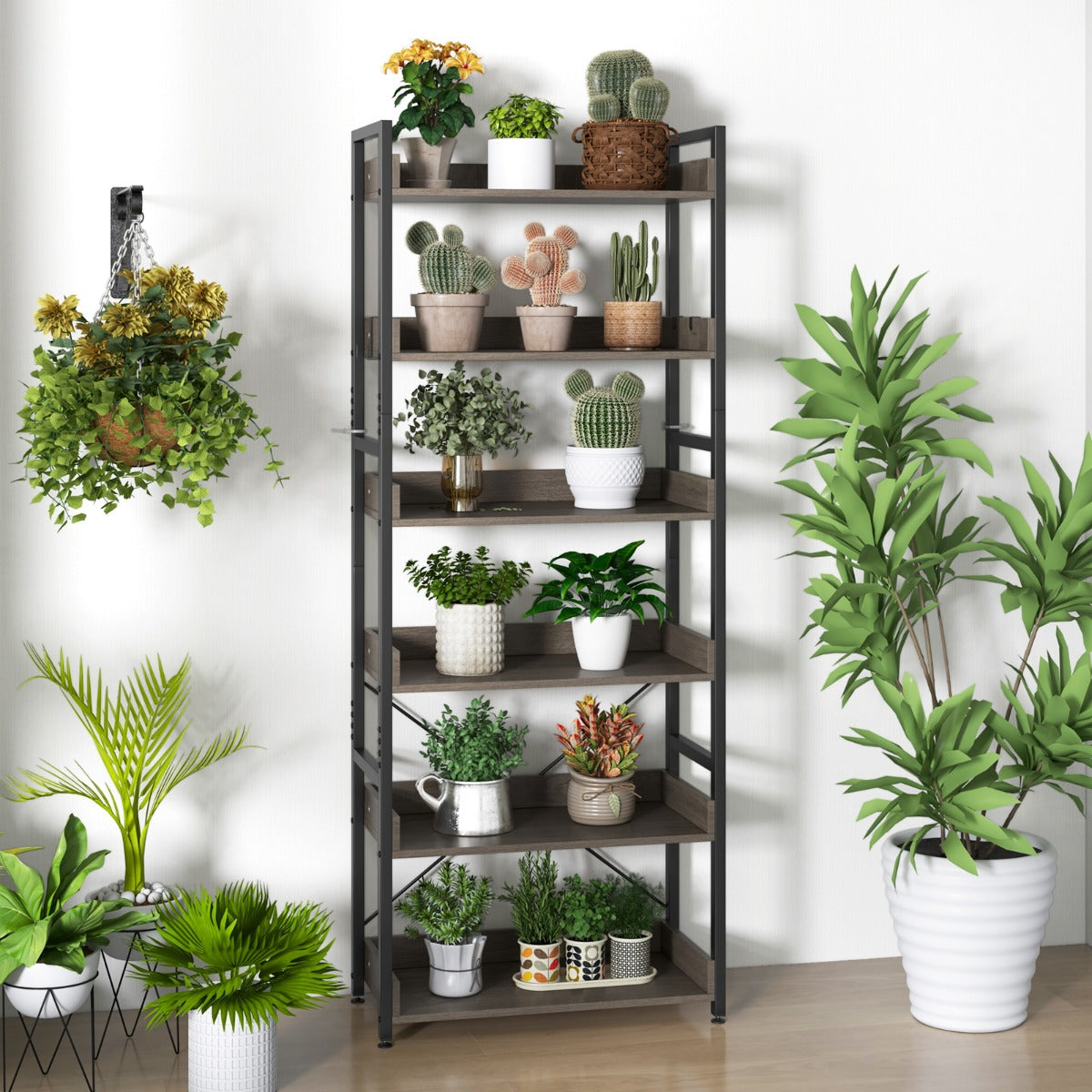 6-Tier Storage Rack with 4 Hooks and Open Display Shelves-Grey