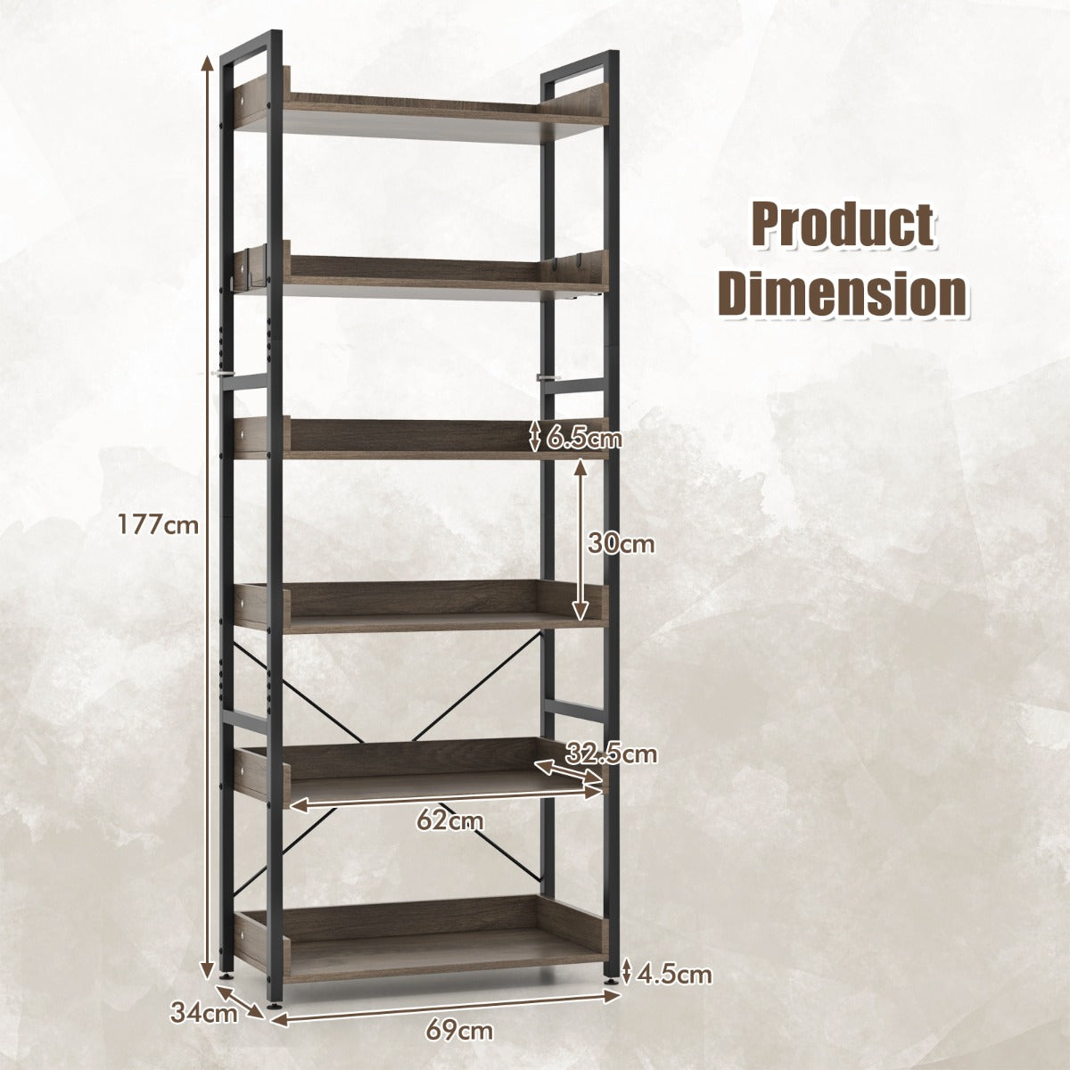 6-Tier Storage Rack with 4 Hooks and Open Display Shelves-Grey
