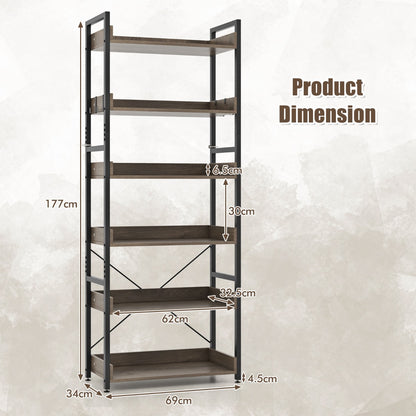 6-Tier Storage Rack with 4 Hooks and Open Display Shelves-Grey