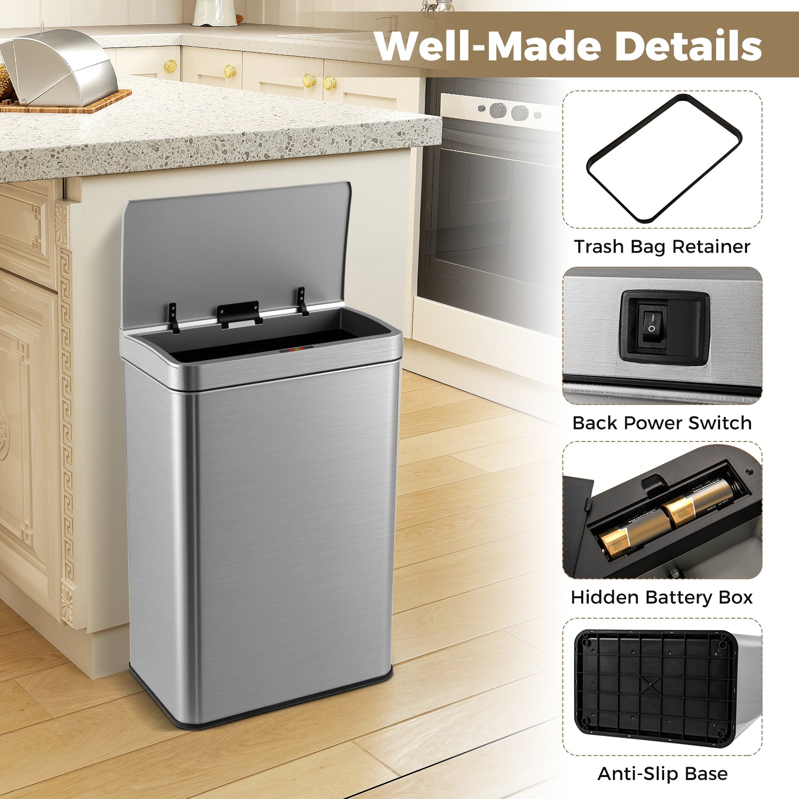 53L/60L  Automatic Trash Can with Lid Motion Sensor Garbage Can-Silver-60 L
