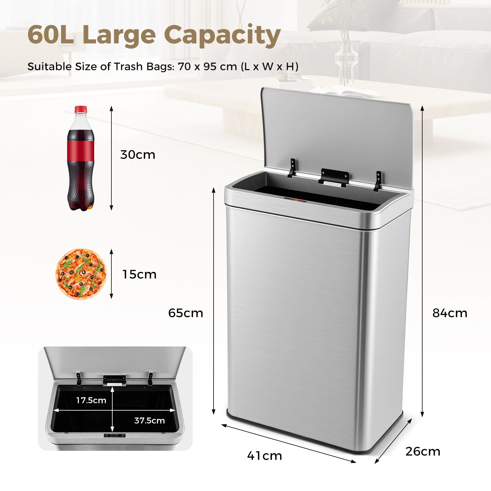 53L/60L  Automatic Trash Can with Lid Motion Sensor Garbage Can-Silver-60 L