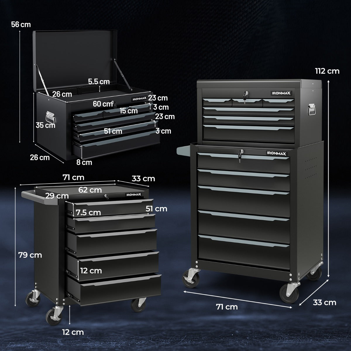 60 cm Tool Chest Case with 6 Drawers and Top Storage-Black