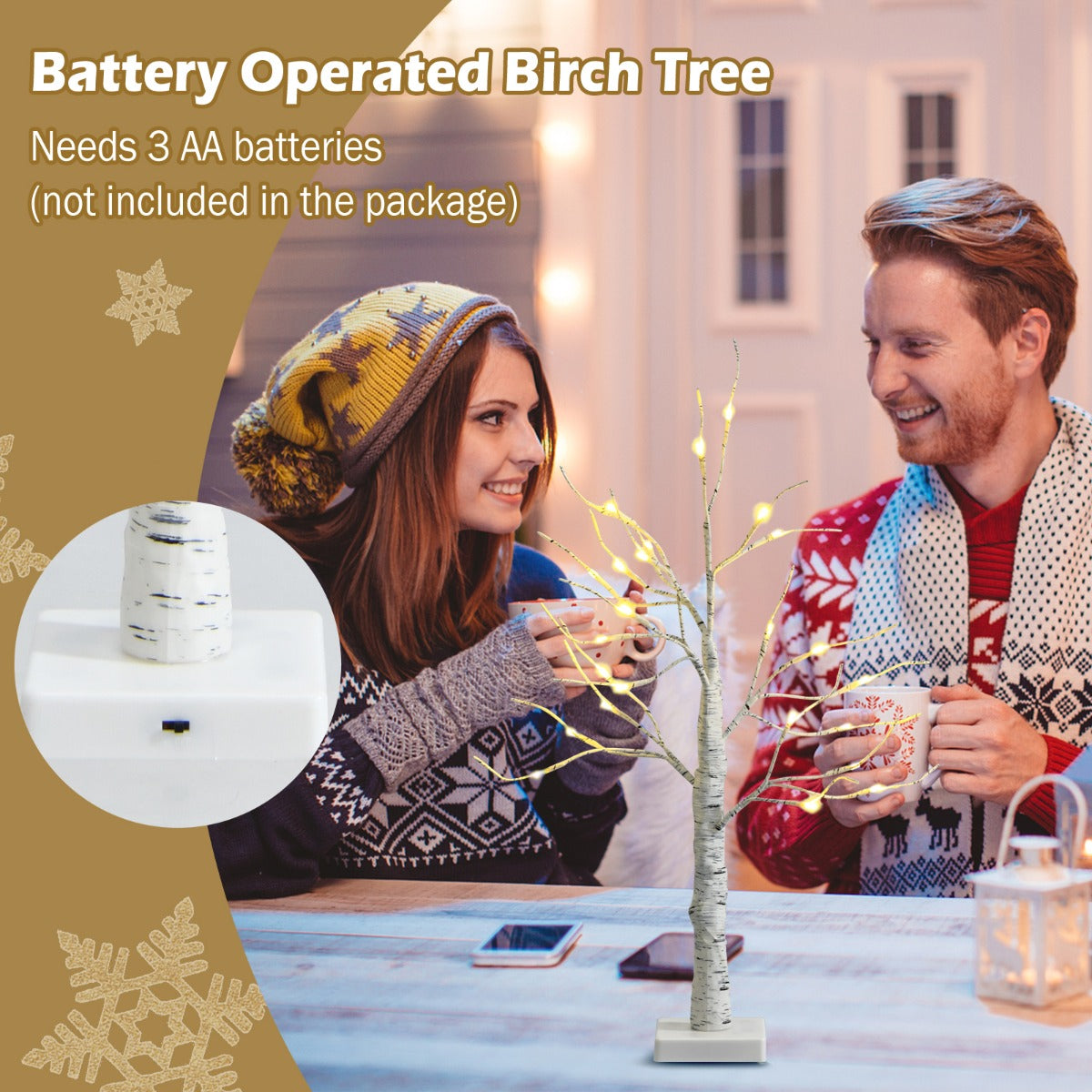 60CM 2PCS Lighted Tabletop Artificial Twig Birch Tree with Warm White LED Lights