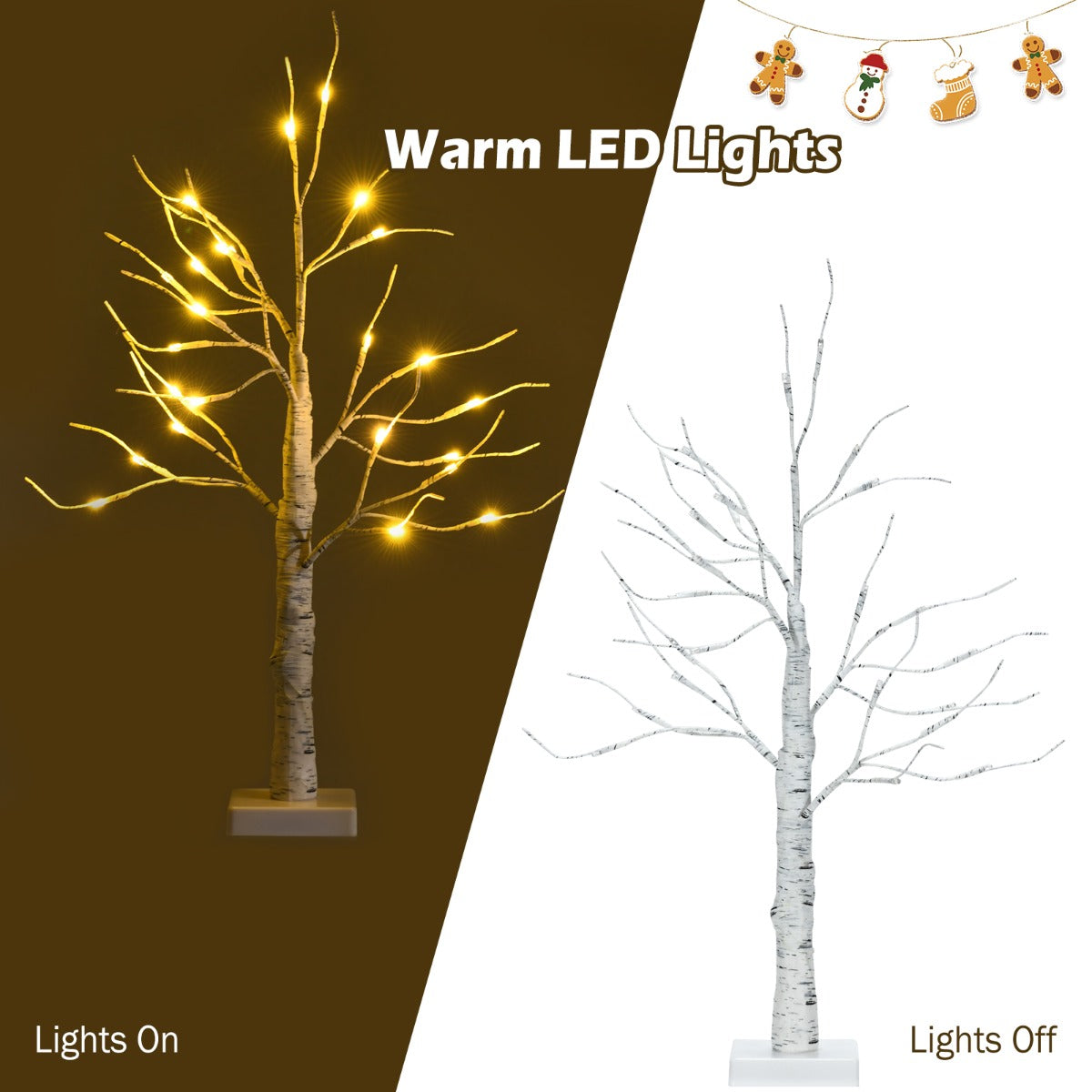 60CM 2PCS Lighted Tabletop Artificial Twig Birch Tree with Warm White LED Lights