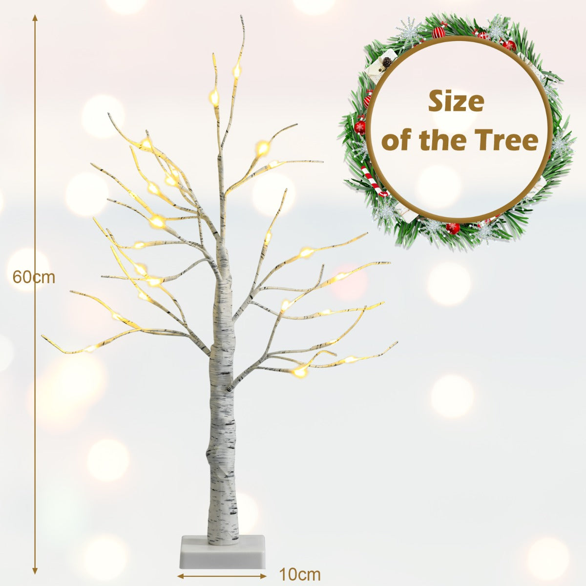 60CM 2PCS Lighted Tabletop Artificial Twig Birch Tree with Warm White LED Lights