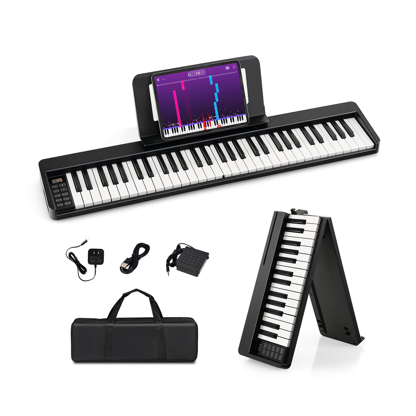 61-Key Folding Piano Keyboard with Full Size Keys & Music Stand