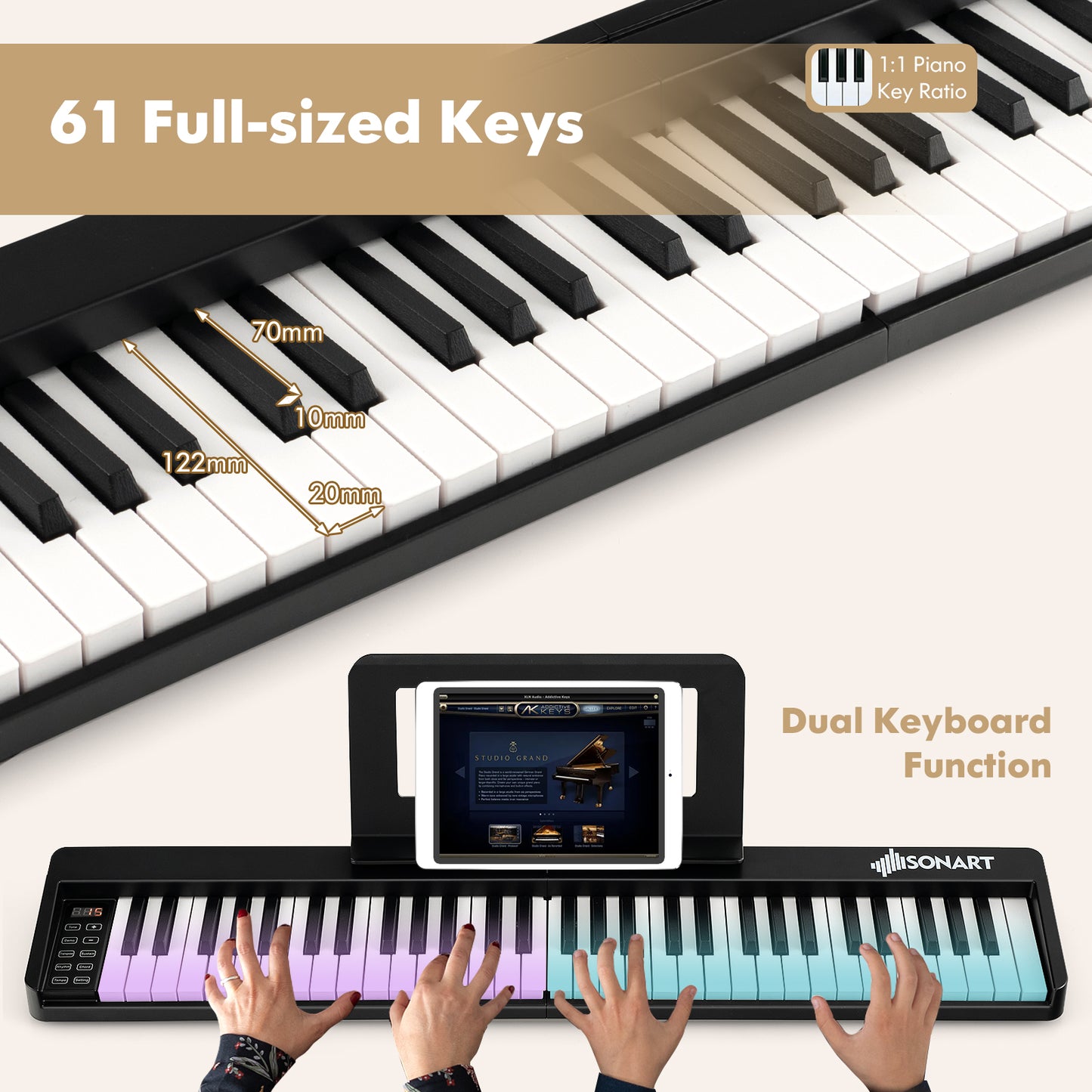 61-Key Folding Piano Keyboard with Full Size Keys & Music Stand