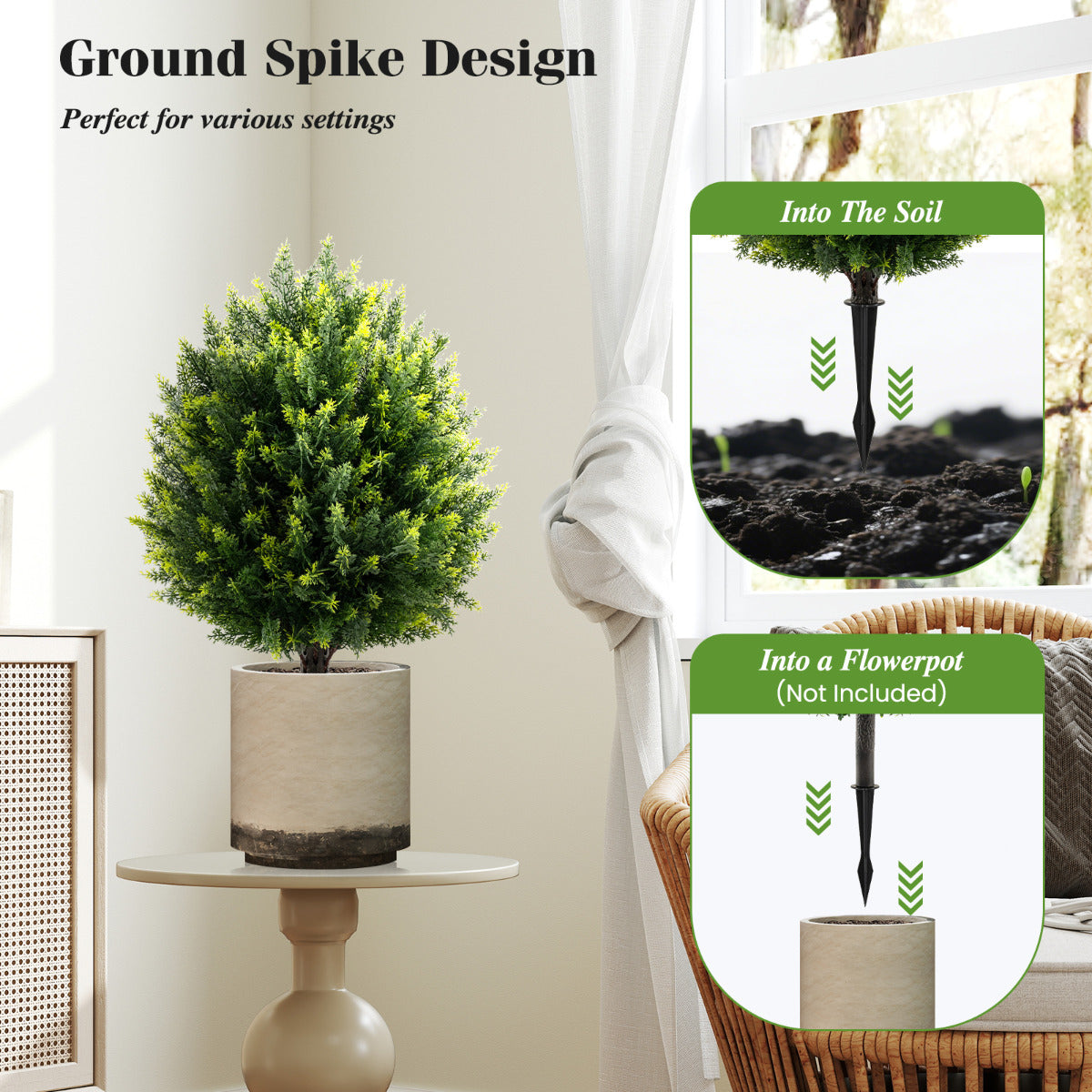 61 cm Artificial Cypress Topiary Ball Tree Set with Ground Spike-Green