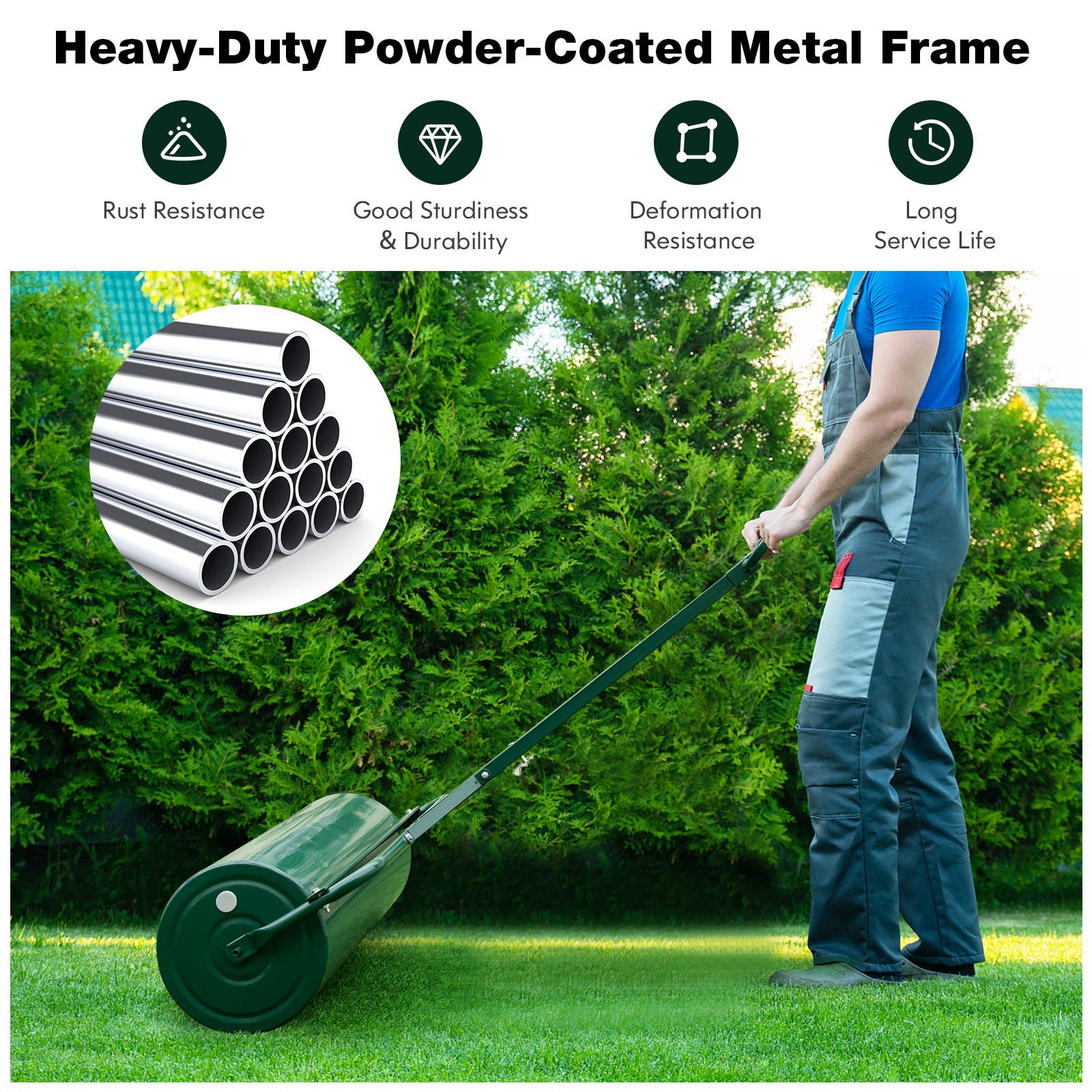 63L Metal Lawn Roller with Detachable Gripping Handle for Garden-Green