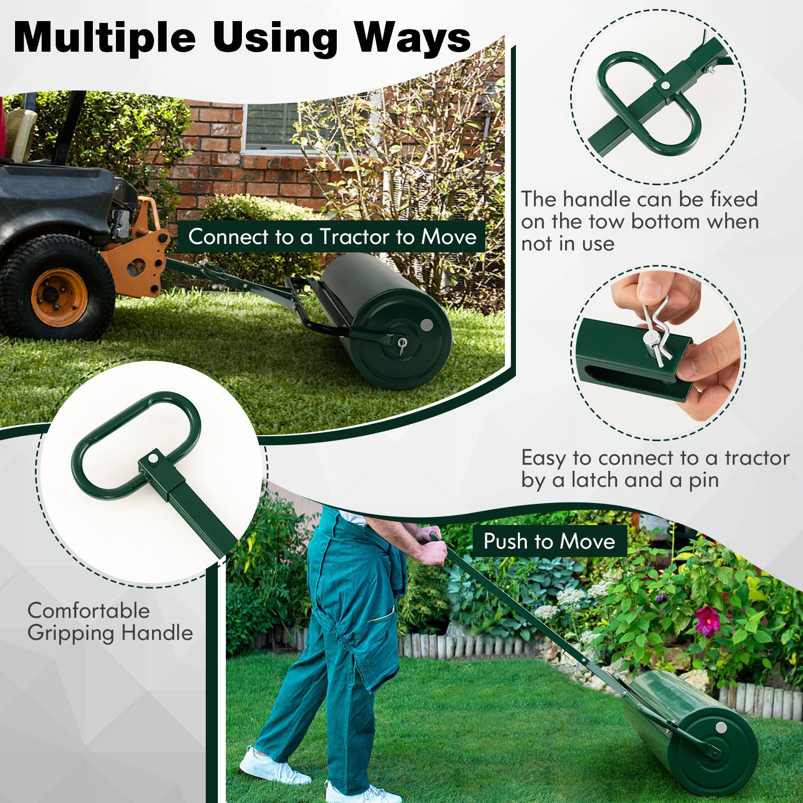 63L Metal Lawn Roller with Detachable Gripping Handle for Garden-Green
