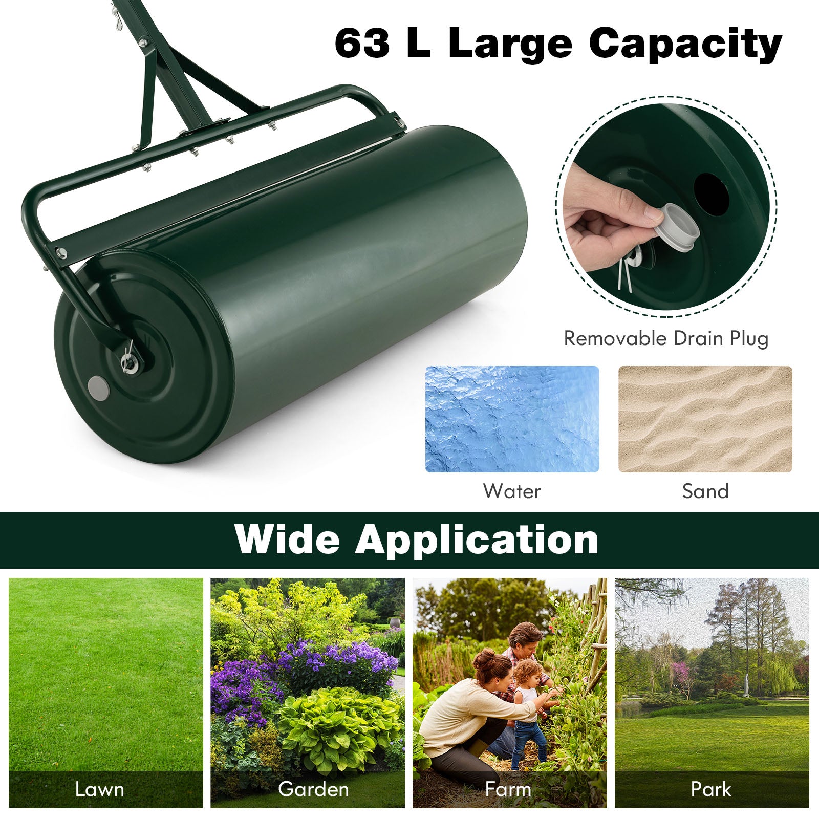 63L Metal Lawn Roller with Detachable Gripping Handle for Garden-Green