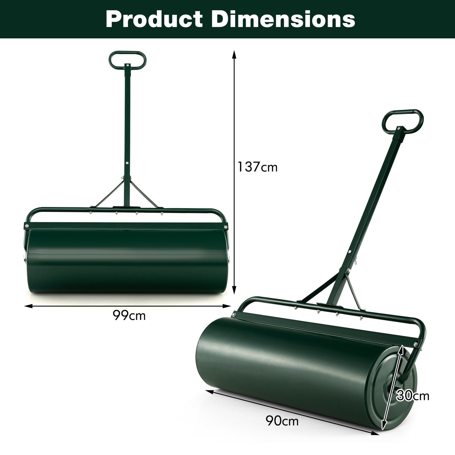 63L Metal Lawn Roller with Detachable Gripping Handle for Garden-Green