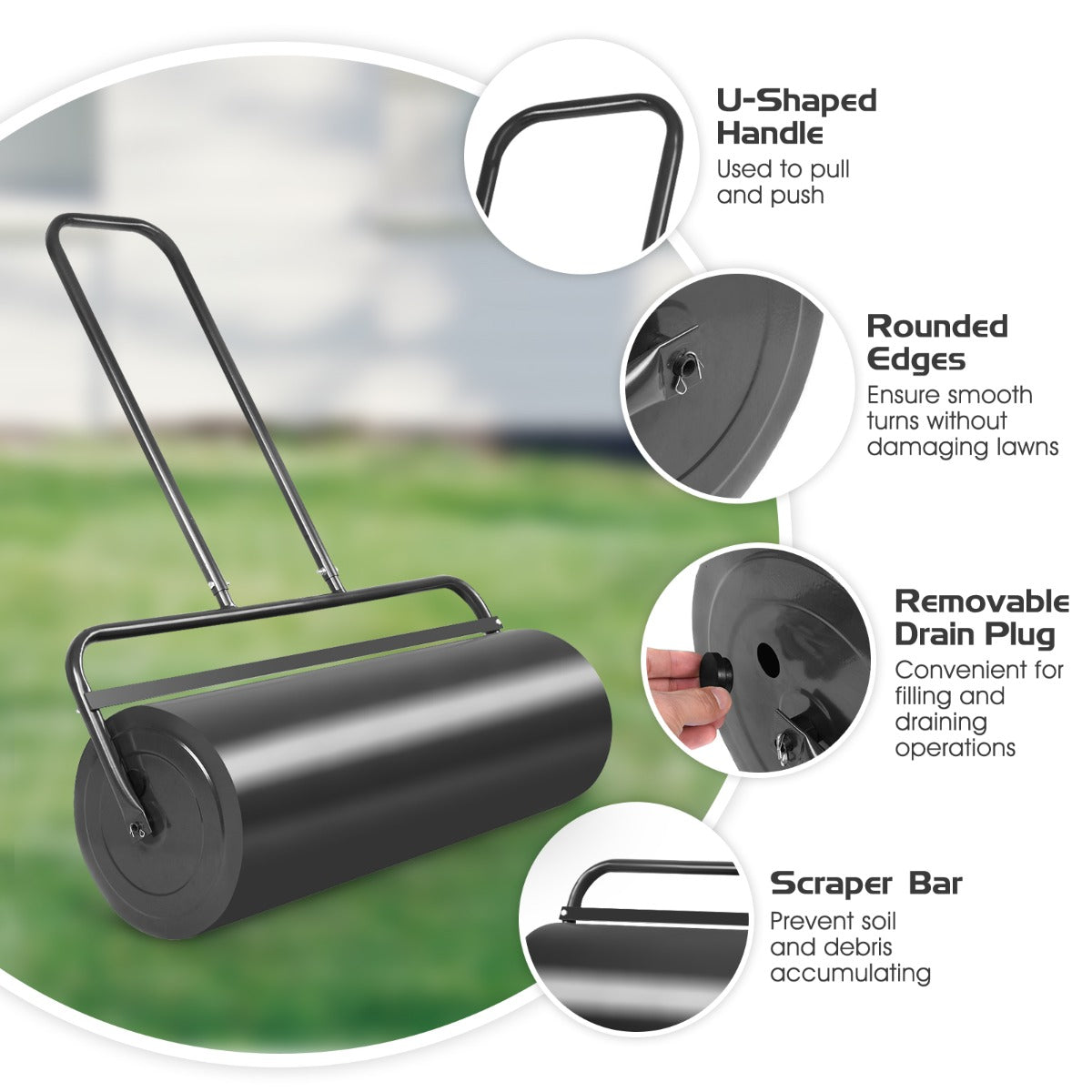 63L Lawn Roller with U-shaped Handle for Park Backyard Garden-Black