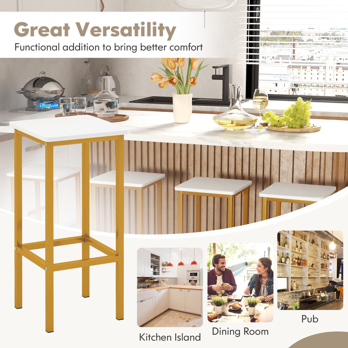 65 cm Square Bar Stools Set of 4 with Sturdy Metal Frames and Ergonomic Footrests-White